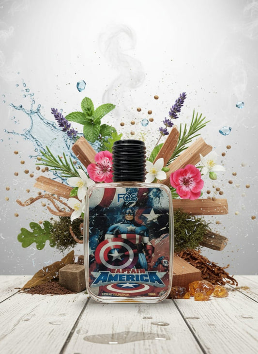 Bottle of Captain America-themed vape juice with decorative elements on a wooden surface.