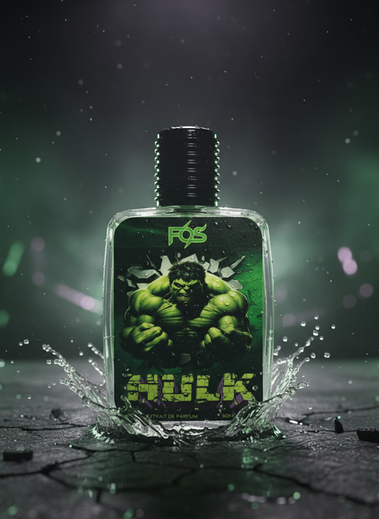 Fragrance bottle with Hulk design on a dark background