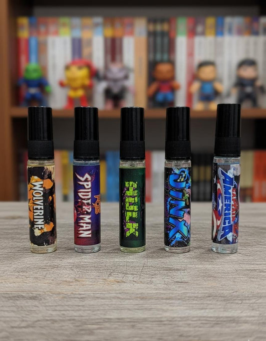 Five superhero-themed vials on a wooden surface with a colorful background of superhero figurines.