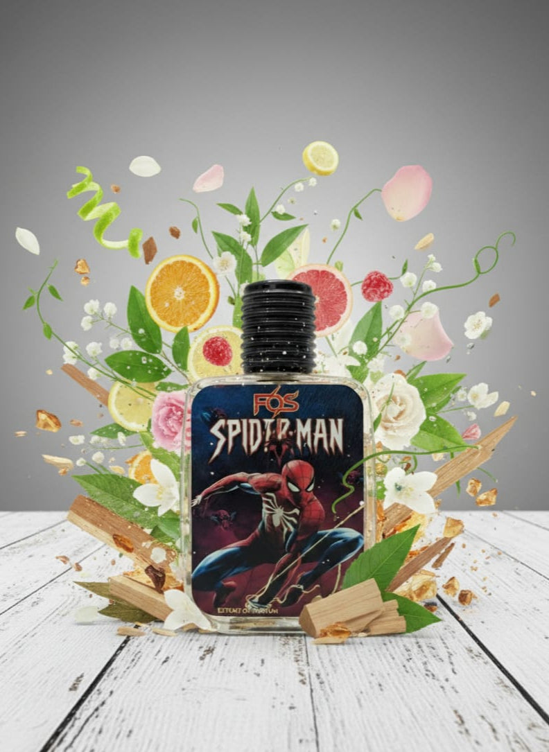 Spider-Man themed bottle with floral and fruit decorations on a wooden surface.