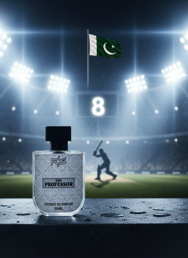 Bottle of 'The Professor' perfume with a cricket player silhouette and Pakistan flag in stadium setting