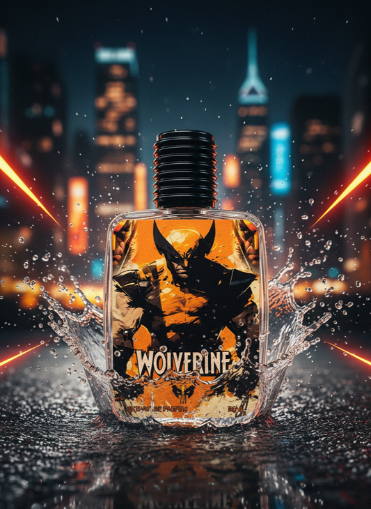 Wolverine perfume bottle with cityscape background