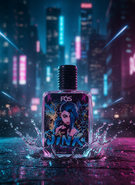 Perfume bottle with 'FOS' branding in a futuristic cityscape