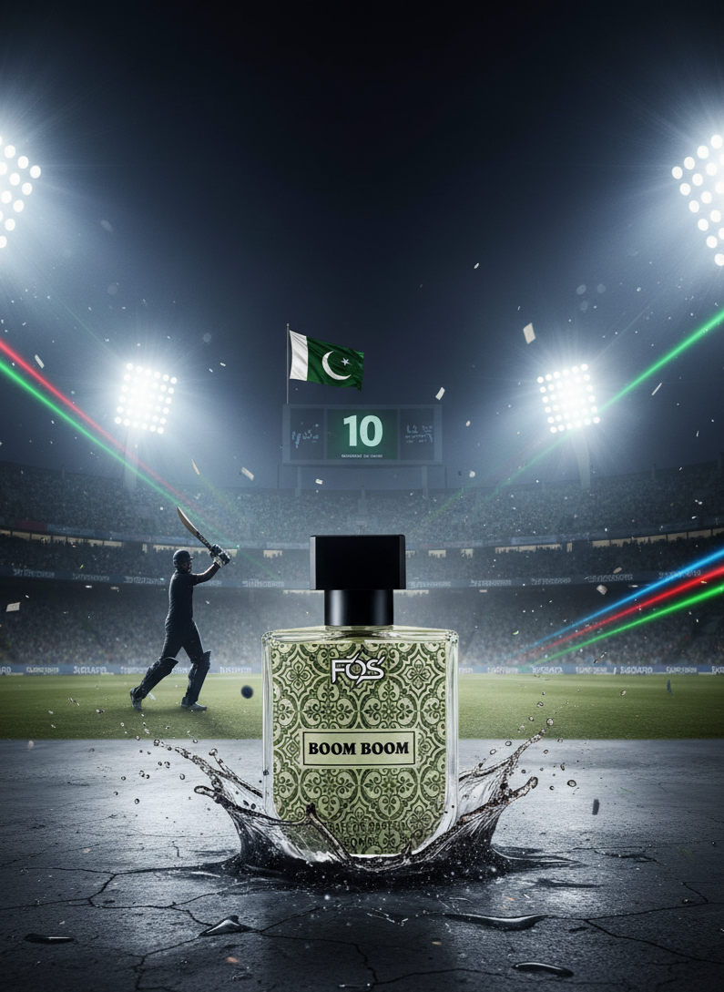 Perfume bottle labeled 'BOOM BOOM' on a sports field with stadium lights and a player in the background.