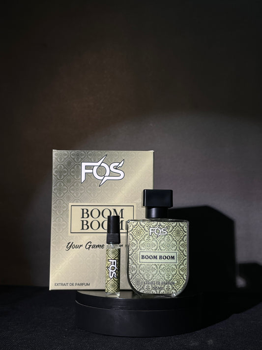FOS Boom Boom perfume set with packaging on a dark background