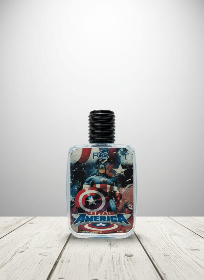 Bottle with Captain America design on a wooden surface and gray background