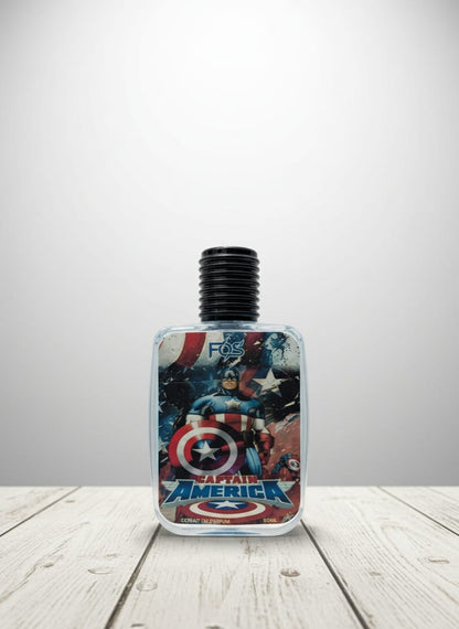 Bottle with Captain America design on a wooden surface and gray background