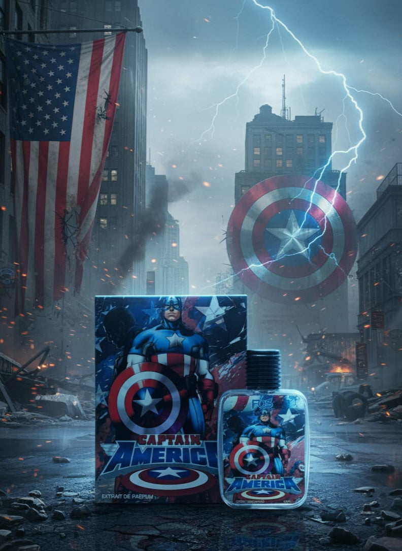 Captain America-themed product packaging and bottle in a cityscape with American flag and lightning.