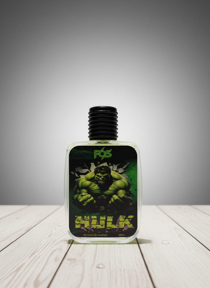 Bottle labeled 'Hulk' on a wooden surface with a gray background