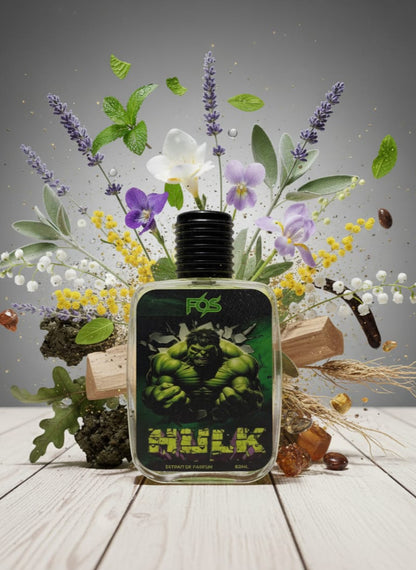 Fragrance bottle labeled 'Hulk' surrounded by flowers on a wooden surface