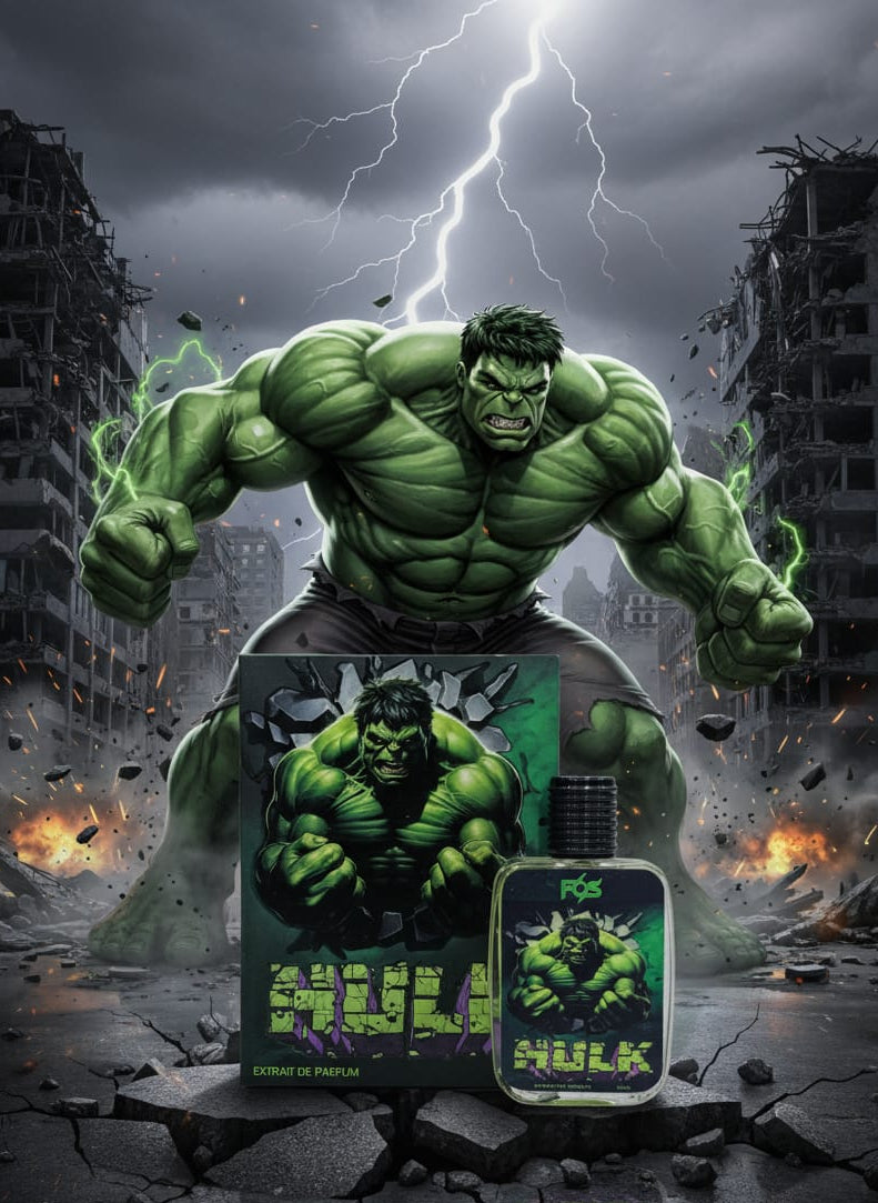 Green superhero in a dynamic pose with a destroyed cityscape and lightning in the background