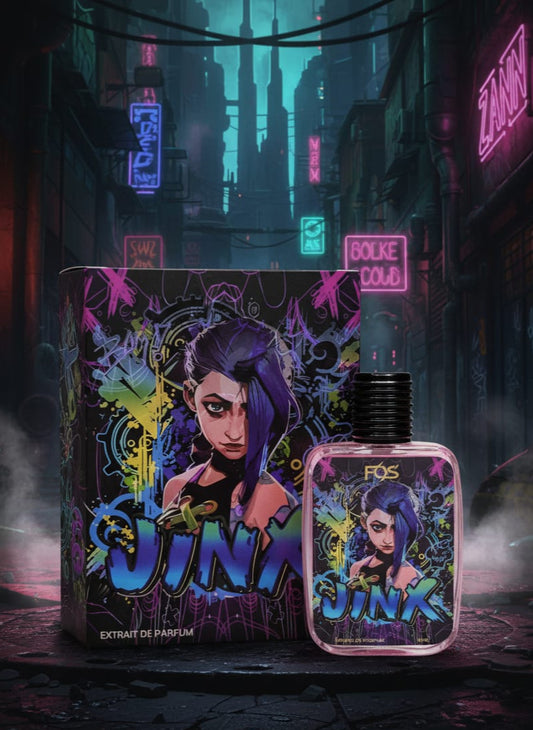 Perfume bottle and packaging with colorful design and character illustration against a neon-lit cityscape background.