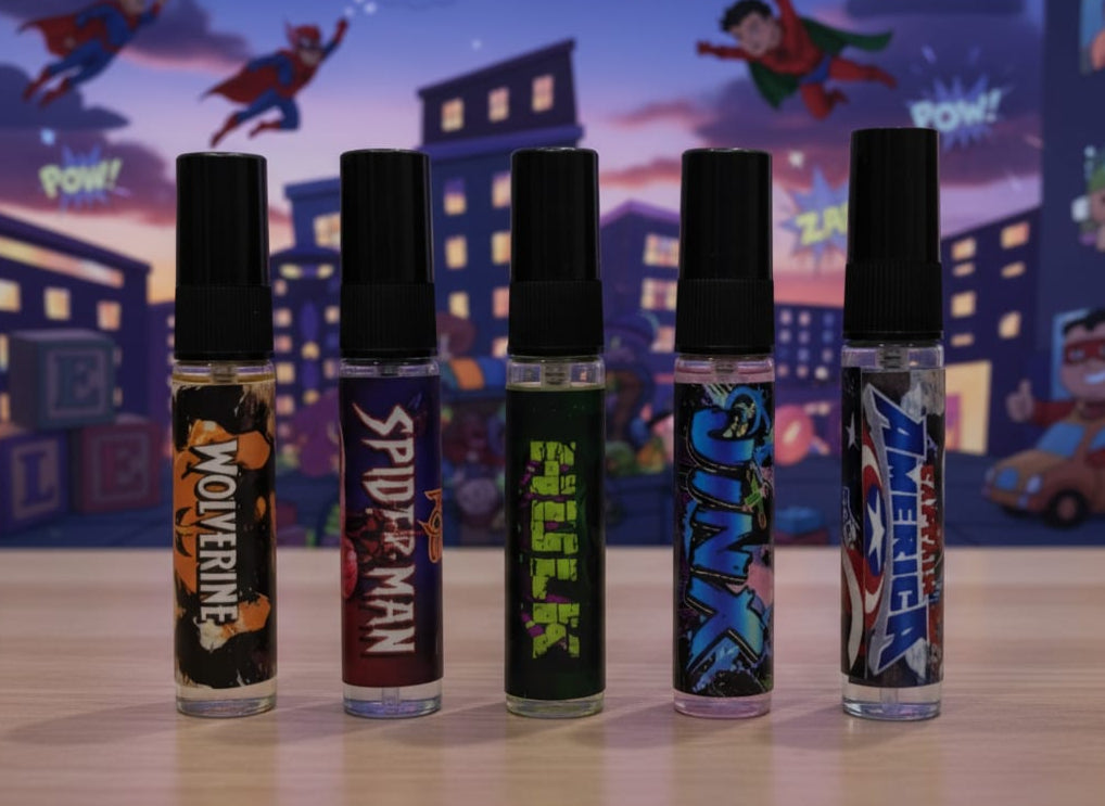 Five superhero-themed Testers on a table with a superhero-themed background.