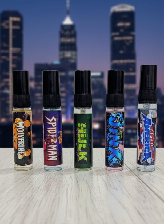 Five superhero-themed Testers on a table with a city skyline in the background