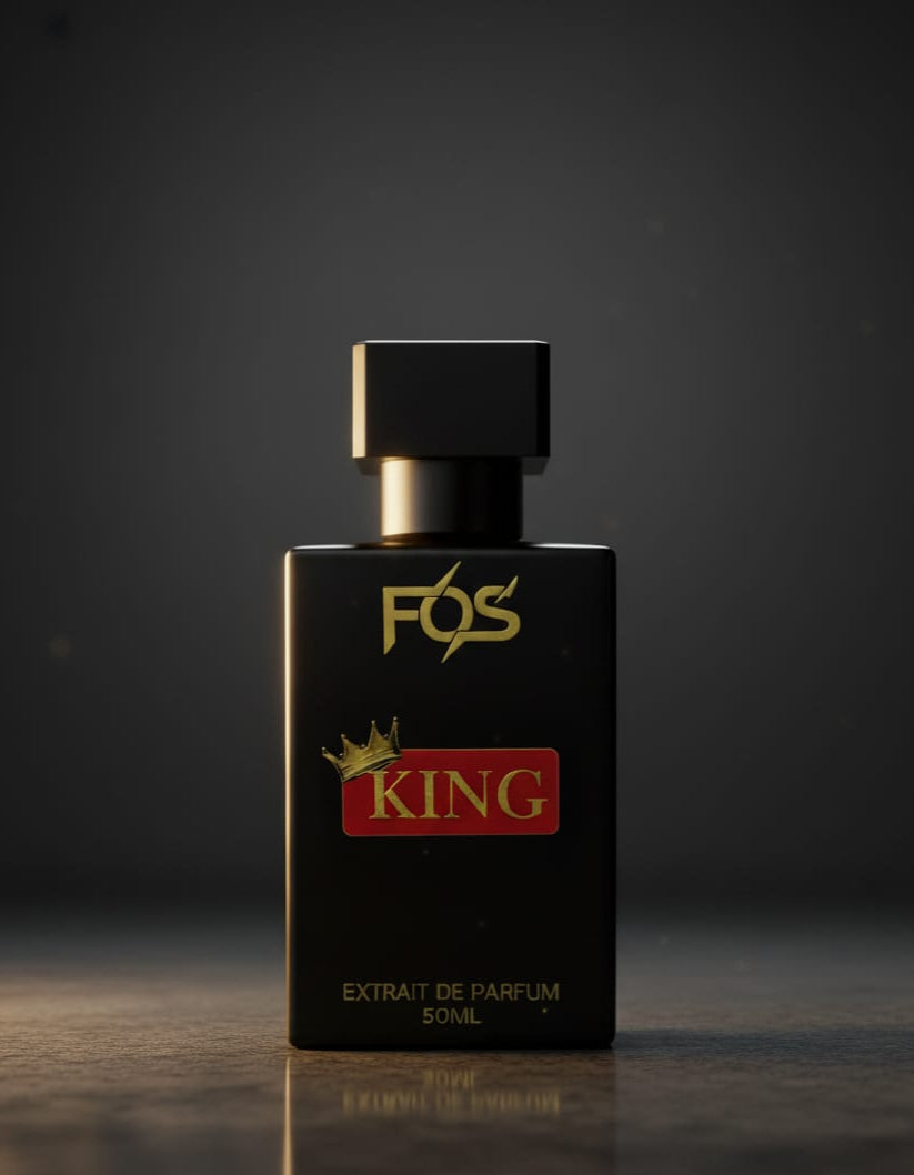 Black perfume bottle labeled 'FOS King' on a reflective surface with a dark background