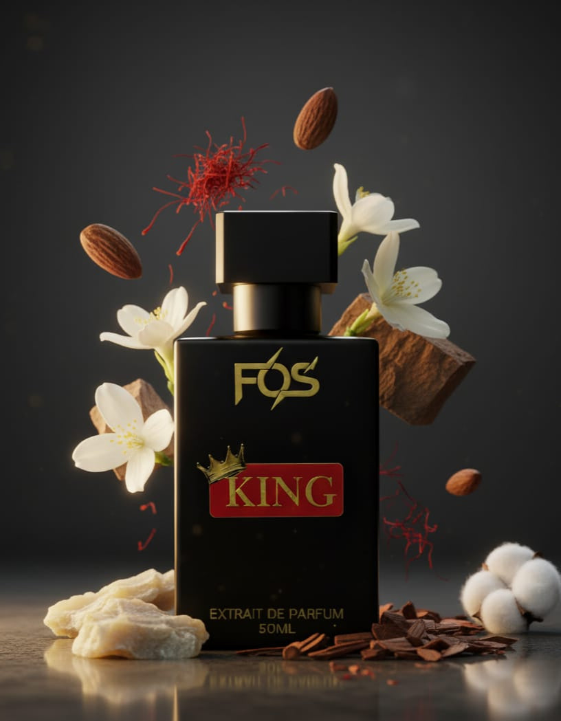 FOS King perfume bottle with floral and wooden elements on a dark background
