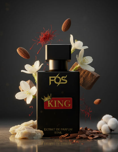 FOS King perfume bottle with floral and wooden elements on a dark background