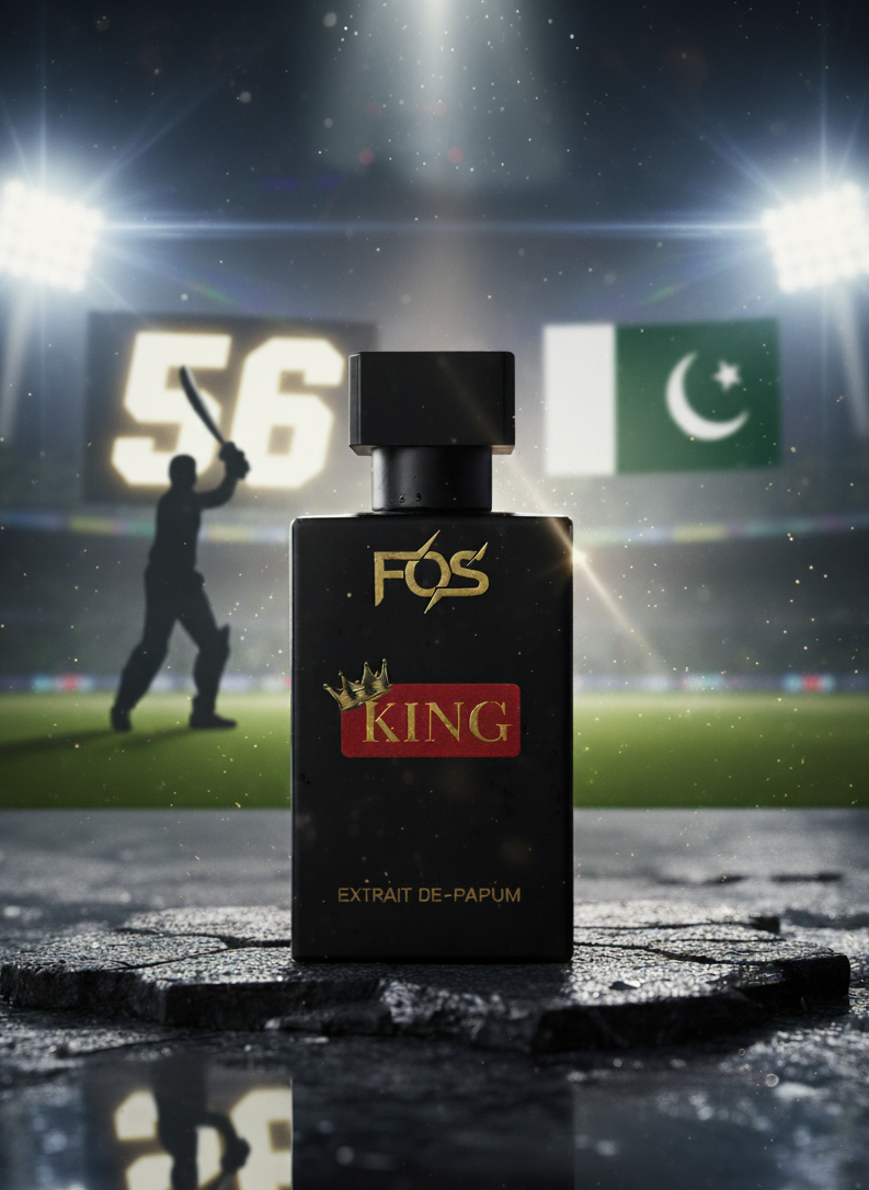 FOS King perfume bottle on a sports field with stadium lights and a player in the background