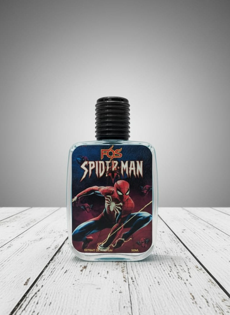 Spider-Man themed bottle on a wooden surface with a gray background