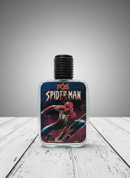 Spider-Man themed bottle on a wooden surface with a gray background