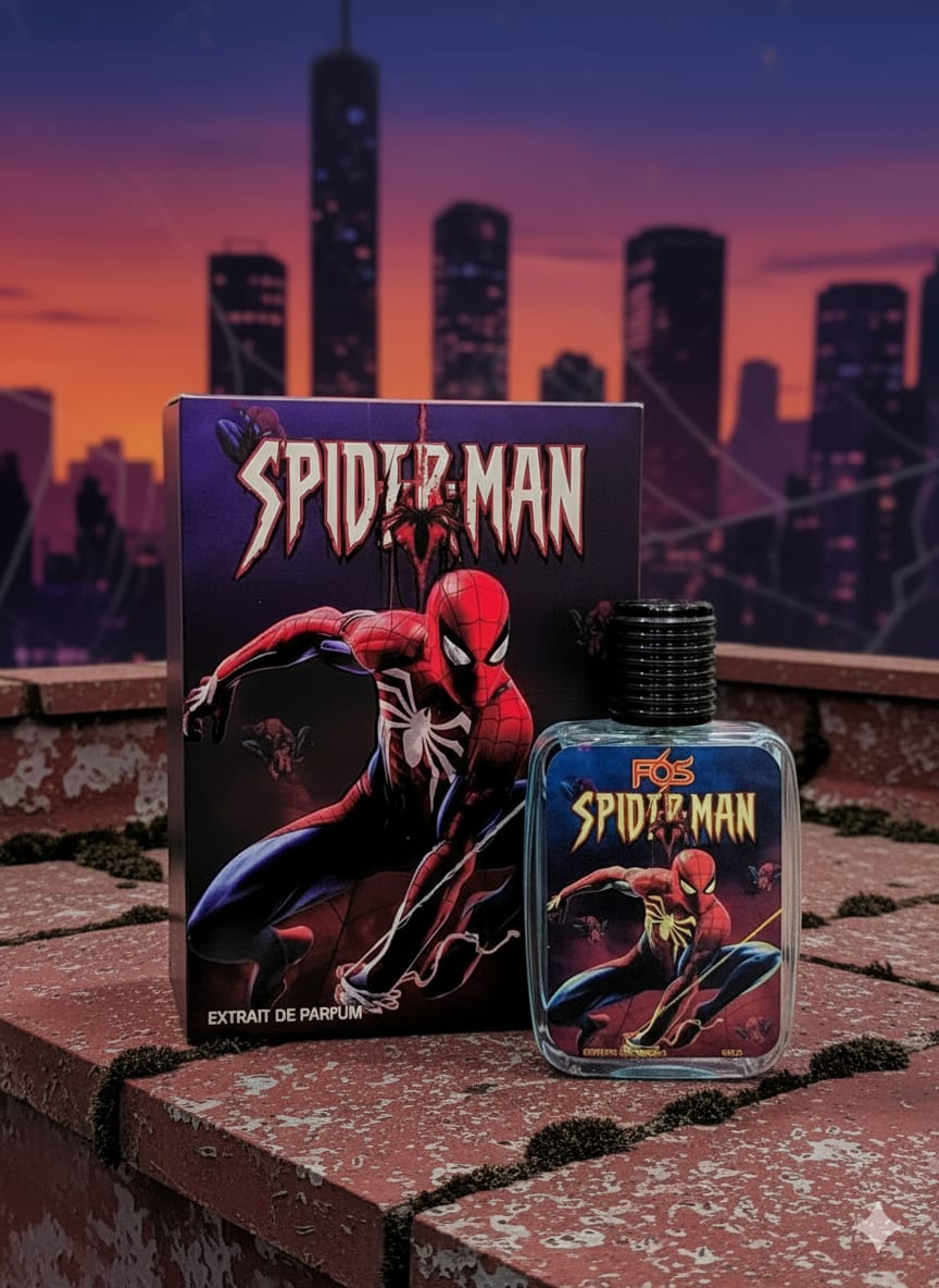 Spider-Man perfume bottle and packaging with city skyline in the background