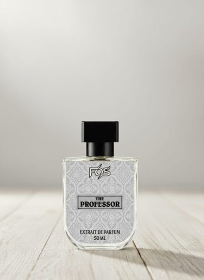 Perfume bottle labeled 'The Professor' by FOS on a wooden surface with a light gray background