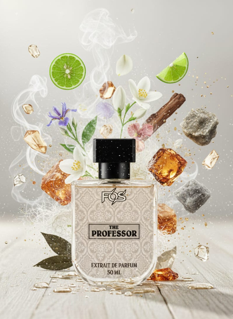 Perfume bottle labeled 'The Professor' with floral and natural elements on a light background