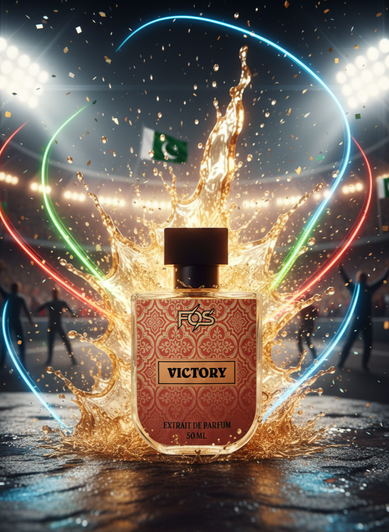 Perfume bottle labeled 'Victory' with colorful splashes and stadium lights in the background