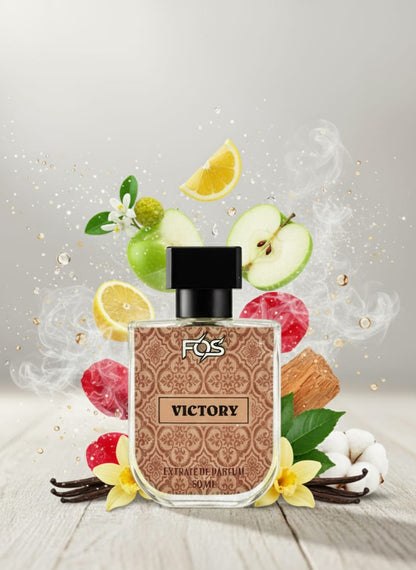 Perfume bottle labeled 'Victory' by FOS with fruit and floral elements on a light background