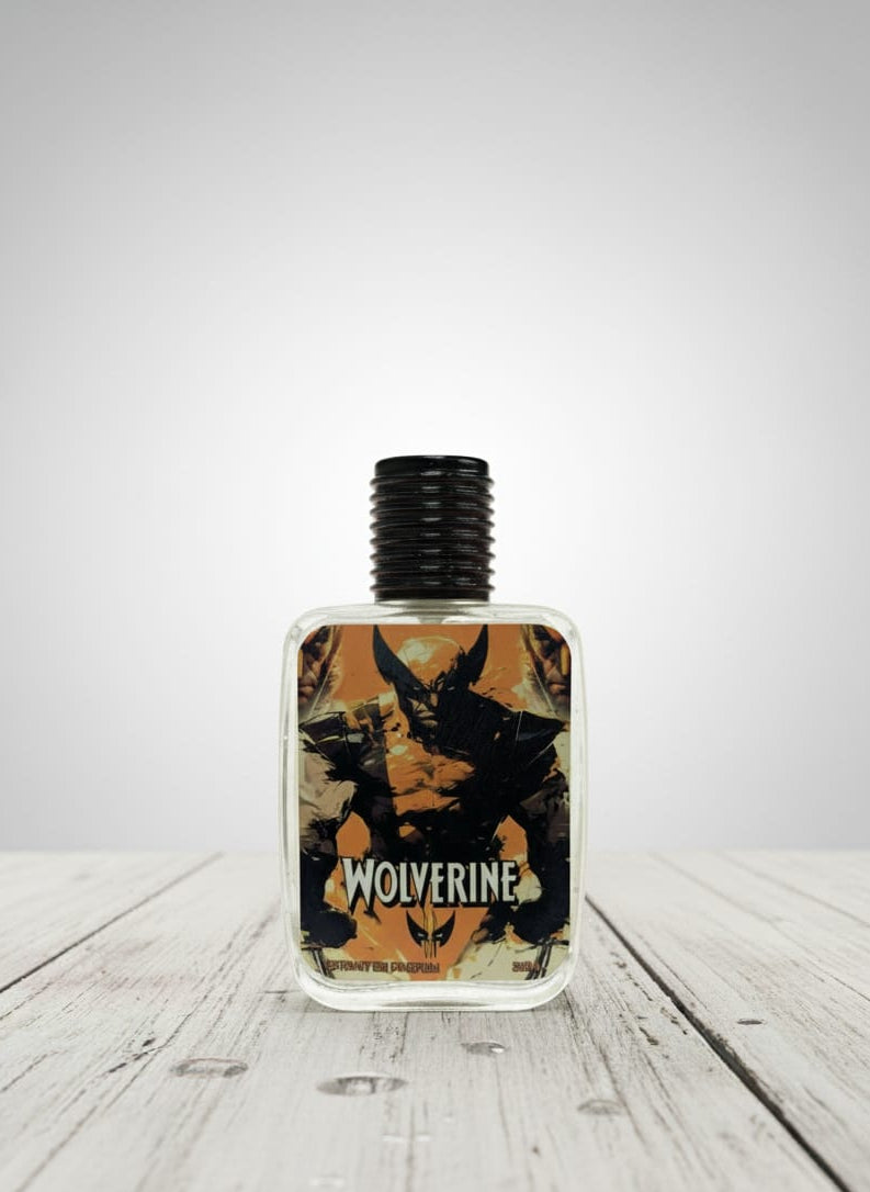 Bottle of Wolverine perfume on a wooden surface with a white background