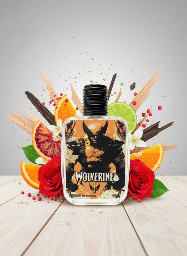 Wolverine-themed perfume bottle surrounded by fruits and flowers on a wooden surface.
