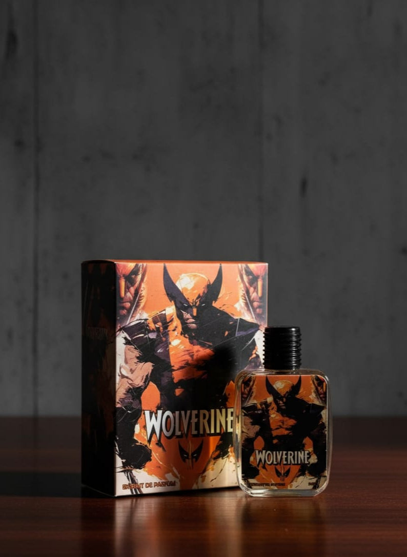 Wolverine perfume bottle and packaging on a wooden surface with a dark background