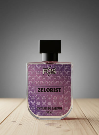Perfume bottle labeled 'Zelorist' by FOS on a wooden surface with a gray background