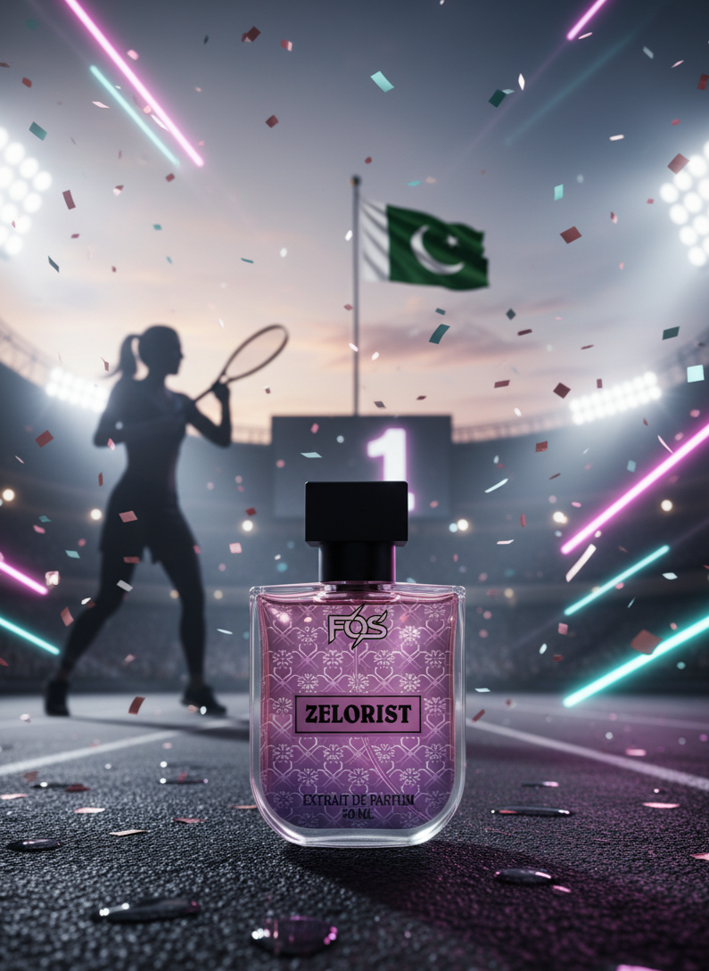 FOS Zelorist perfume bottle on a tennis court with a player and confetti in the background