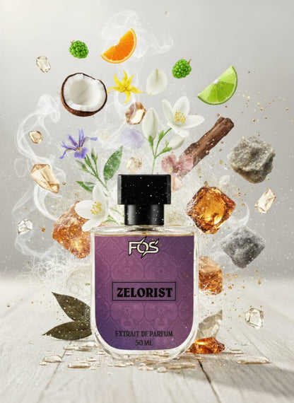 FOS Zelorist perfume bottle with botanical elements on a light background